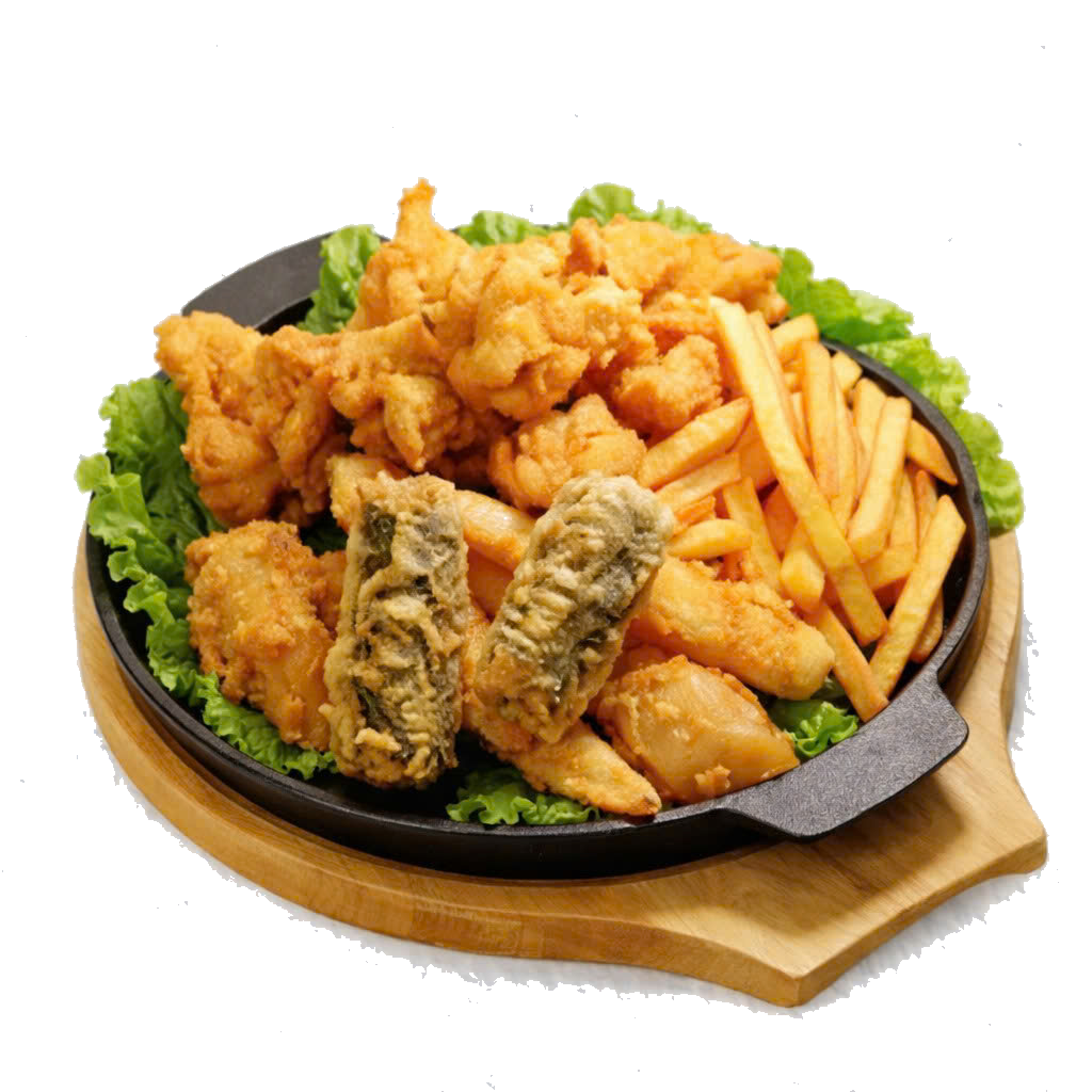 Mixed Korean fried snacks in Da Nang at Mr Lee Korean Food & Drink, fried chicken fries and seaweed rolls near My An Beach