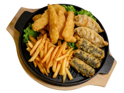 Korean fried snack platter in Da Nang at Mr Lee Korean Food & Drink, assorted fried items for sharing near My An Beach